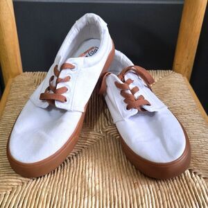 White Canvas Sneakers with Brown Soles & Shoe Laces